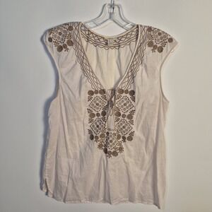 JCrew Boho Embroidered Artisan Peasant Top Ivory Sleeveless Tie Neck Folk Blouse